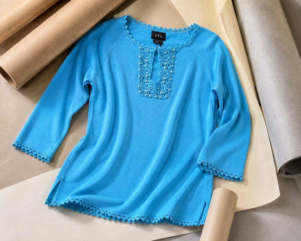 R.Q.T. Blue Crochet Beaded Knit Tunic Top Size Medium